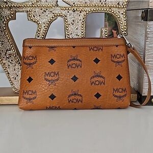 MCM Tan Logo Wristlet